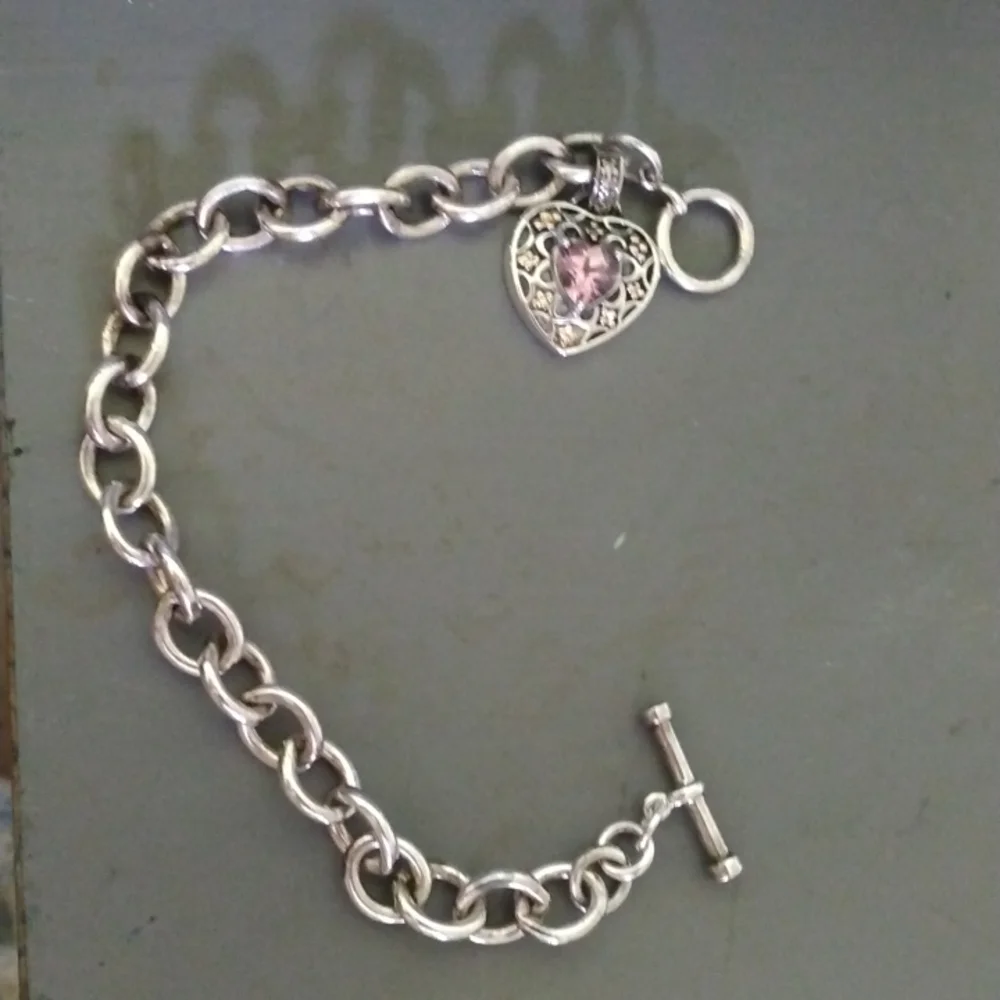 Sadye L Vassir 14 k & Sterling Designer  Diamond & Pink Sapphire Heart Bracelet - Picture 2 of 5